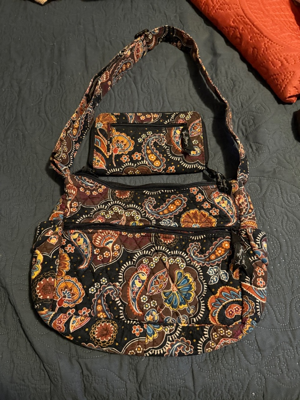 Vera Bradley Paisley Quilted Crossbody in Black, Brown, Orange, Blue